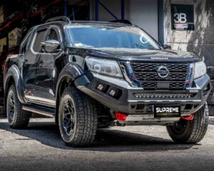np300 bull bar, front bar, front bumper bar, supreme x-series front bar for Nissan Navara Pro4x with light bar, cube lights, indicator, fog lights, bash plate, recovery points, winch compatible full bumper replacement
