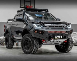 dmax bull bar, front bar, front bumper bar, supreme x-series front bar for Isuzu DMAX with light bar, cube lights, indicator, fog lights, bash plate, recovery points, winch compatible full bumper replacement