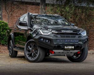 dmax bull bar, front bar, front bumper bar, supreme x-series front bar for Isuzu DMAX with light bar, cube lights, indicator, fog lights, bash plate, recovery points, winch compatible full bumper replacement