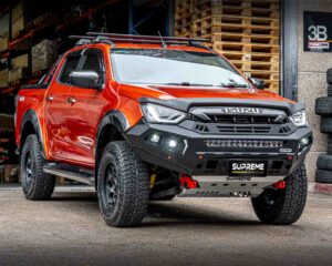 dmax bull bar, front bar, front bumper bar, supreme x-series front bar for Isuzu DMAX with light bar, cube lights, indicator, fog lights, bash plate, recovery points, winch compatible full bumper replacement