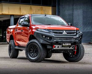 triton bull bar, front bar, front bumper bar, supreme x-series front bar for Mitsubishi Triton MR with light bar, cube lights, indicator, fog lights, bash plate, recovery points, winch compatible full bumper replacement with colour coded