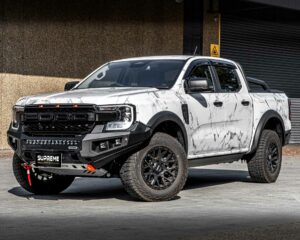 bull bar, front bar, front bumper bar, supreme x-series front bar for Ford Next GEN Ranger with light bar, cube lights, indicator, fog lights, bash plate, recovery points, winch compatible full bumper replacement