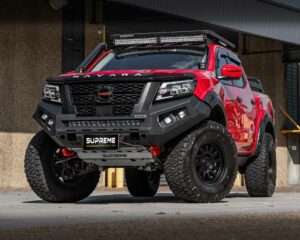 np300 bull bar, front bar, front bumper bar, supreme x-series front bar for Nissan Navara Pro4x with light bar, cube lights, indicator, fog lights, bash plate, recovery points, winch compatible full bumper replacement