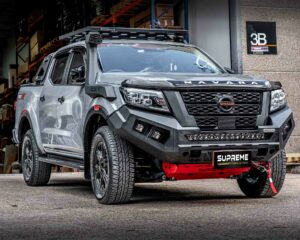 np300 bull bar, front bar, front bumper bar, supreme x-series front bar for Nissan Navara Pro4x with light bar, cube lights, indicator, fog lights, bash plate, recovery points, winch compatible full bumper replacement
