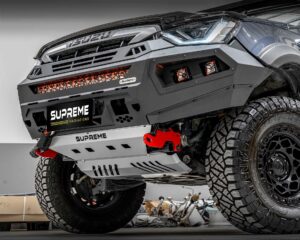dmax bull bar, front bar, front bumper bar, supreme x-series front bar for Isuzu DMAX with light bar, cube lights, indicator, fog lights, bash plate, recovery points, winch compatible full bumper replacement