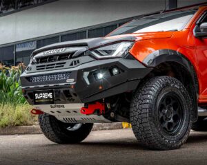 dmax bull bar, front bar, front bumper bar, supreme x-series front bar for Isuzu DMAX with light bar, cube lights, indicator, fog lights, bash plate, recovery points, winch compatible full bumper replacement