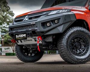 triton bull bar, front bar, front bumper bar, supreme x-series front bar for Mitsubishi Triton MR with light bar, cube lights, indicator, fog lights, bash plate, recovery points, winch compatible full bumper replacement with colour coded