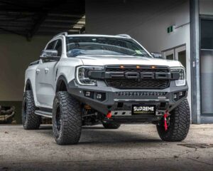 bull bar, front bar, front bumper bar, supreme x-series front bar for Ford Next GEN Ranger with light bar, cube lights, indicator, fog lights, bash plate, recovery points, winch compatible full bumper replacement