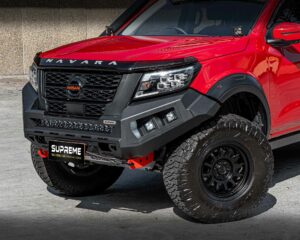np300 bull bar, front bar, front bumper bar, supreme x-series front bar for Nissan Navara Pro4x with light bar, cube lights, indicator, fog lights, bash plate, recovery points, winch compatible full bumper replacement
