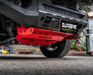 np300 bull bar, front bar, front bumper bar, supreme x-series front bar for Nissan Navara Pro4x with light bar, cube lights, indicator, fog lights, bash plate, recovery points, winch compatible full bumper replacement