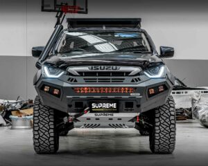 dmax bull bar, front bar, front bumper bar, supreme x-series front bar for Isuzu DMAX with light bar, cube lights, indicator, fog lights, bash plate, recovery points, winch compatible full bumper replacement
