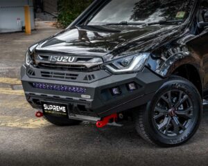 dmax bull bar, front bar, front bumper bar, supreme x-series front bar for Isuzu DMAX with light bar, cube lights, indicator, fog lights, bash plate, recovery points, winch compatible full bumper replacement