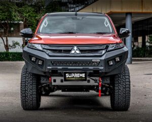 triton bull bar, front bar, front bumper bar, supreme x-series front bar for Mitsubishi Triton MR with light bar, cube lights, indicator, fog lights, bash plate, recovery points, winch compatible full bumper replacement with colour coded