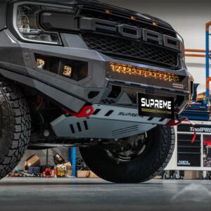 bull bar, front bar, front bumper bar, supreme x-series front bar for Ford Next GEN Ranger with light bar, cube lights, indicator, fog lights, bash plate, recovery points, winch compatible full bumper replacement Colour coded bar