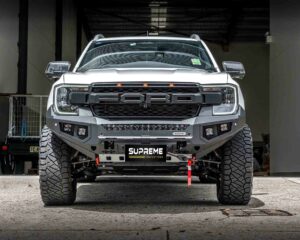 bull bar, front bar, front bumper bar, supreme x-series front bar for Ford Next GEN Ranger with light bar, cube lights, indicator, fog lights, bash plate, recovery points, winch compatible full bumper replacement