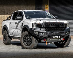 bull bar, front bar, front bumper bar, supreme x-series front bar for Ford Next GEN Ranger with light bar, cube lights, indicator, fog lights, bash plate, recovery points, winch compatible full bumper replacement