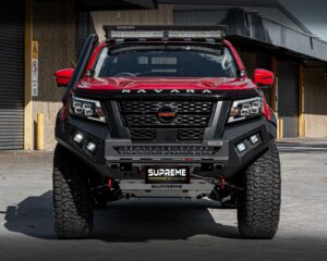 np300 bull bar, front bar, front bumper bar, supreme x-series front bar for Nissan Navara Pro4x with light bar, cube lights, indicator, fog lights, bash plate, recovery points, winch compatible full bumper replacement