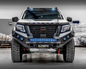 np300 bull bar, front bar, front bumper bar, supreme x-series front bar for Nissan Navara Pro4x with light bar, cube lights, indicator, fog lights, bash plate, recovery points, winch compatible full bumper replacement