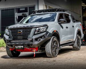 np300 bull bar, front bar, front bumper bar, supreme x-series front bar for Nissan Navara Pro4x with light bar, cube lights, indicator, fog lights, bash plate, recovery points, winch compatible full bumper replacement