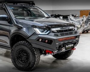 dmax bull bar, front bar, front bumper bar, supreme x-series front bar for Isuzu DMAX with light bar, cube lights, indicator, fog lights, bash plate, recovery points, winch compatible full bumper replacement