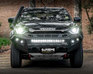 dmax bull bar, front bar, front bumper bar, supreme x-series front bar for Isuzu DMAX with light bar, cube lights, indicator, fog lights, bash plate, recovery points, winch compatible full bumper replacement