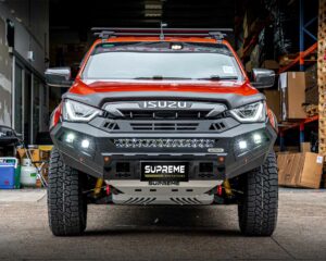 dmax bull bar, front bar, front bumper bar, supreme x-series front bar for Isuzu DMAX with light bar, cube lights, indicator, fog lights, bash plate, recovery points, winch compatible full bumper replacement