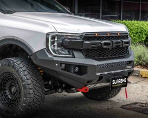 bull bar, front bar, front bumper bar, supreme x-series front bar for Ford Next GEN Ranger with light bar, cube lights, indicator, fog lights, bash plate, recovery points, winch compatible full bumper replacement