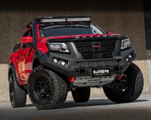 np300 bull bar, front bar, front bumper bar, supreme x-series front bar for Nissan Navara Pro4x with light bar, cube lights, indicator, fog lights, bash plate, recovery points, winch compatible full bumper replacement