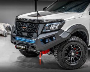 np300 bull bar, front bar, front bumper bar, supreme x-series front bar for Nissan Navara Pro4x with light bar, cube lights, indicator, fog lights, bash plate, recovery points, winch compatible full bumper replacement