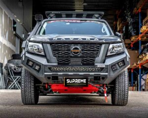 np300 bull bar, front bar, front bumper bar, supreme x-series front bar for Nissan Navara Pro4x with light bar, cube lights, indicator, fog lights, bash plate, recovery points, winch compatible full bumper replacement