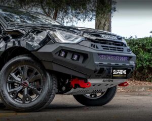 dmax bull bar, front bar, front bumper bar, supreme x-series front bar for Isuzu DMAX with light bar, cube lights, indicator, fog lights, bash plate, recovery points, winch compatible full bumper replacement