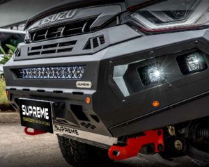 dmax bull bar, front bar, front bumper bar, supreme x-series front bar for Isuzu DMAX with light bar, cube lights, indicator, fog lights, bash plate, recovery points, winch compatible full bumper replacement