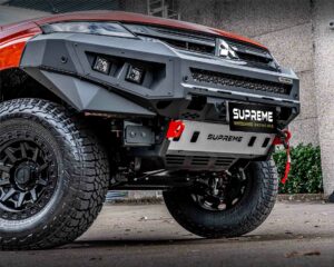 triton bull bar, front bar, front bumper bar, supreme x-series front bar for Mitsubishi Triton MR with light bar, cube lights, indicator, fog lights, bash plate, recovery points, winch compatible full bumper replacement with colour coded