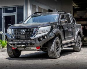 np300 bull bar, front bar, front bumper bar, supreme x-series front bar for Nissan Navara Pro4x with light bar, cube lights, indicator, fog lights, bash plate, recovery points, winch compatible full bumper replacement