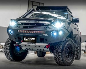 dmax bull bar, front bar, front bumper bar, supreme x-series front bar for Isuzu DMAX with light bar, cube lights, indicator, fog lights, bash plate, recovery points, winch compatible full bumper replacement