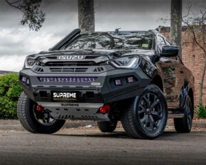 dmax bull bar, front bar, front bumper bar, supreme x-series front bar for Isuzu DMAX with light bar, cube lights, indicator, fog lights, bash plate, recovery points, winch compatible full bumper replacement
