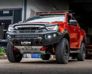 dmax bull bar, front bar, front bumper bar, supreme x-series front bar for Isuzu DMAX with light bar, cube lights, indicator, fog lights, bash plate, recovery points, winch compatible full bumper replacement