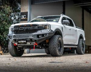 bull bar, front bar, front bumper bar, supreme x-series front bar for Ford Next GEN Ranger with light bar, cube lights, indicator, fog lights, bash plate, recovery points, winch compatible full bumper replacement