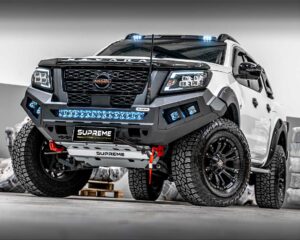 np300 bull bar, front bar, front bumper bar, supreme x-series front bar for Nissan Navara Pro4x with light bar, cube lights, indicator, fog lights, bash plate, recovery points, winch compatible full bumper replacement