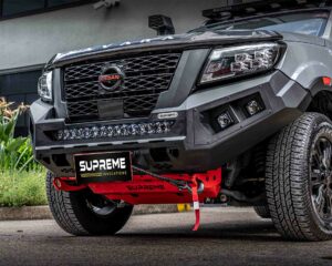 np300 bull bar, front bar, front bumper bar, supreme x-series front bar for Nissan Navara Pro4x with light bar, cube lights, indicator, fog lights, bash plate, recovery points, winch compatible full bumper replacement
