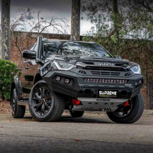 dmax bull bar, front bar, front bumper bar, supreme x-series front bar for Isuzu DMAX with light bar, cube lights, indicator, fog lights, bash plate, recovery points, winch compatible full bumper replacement