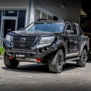 np300 bull bar, front bar, front bumper bar, supreme x-series front bar for Nissan Navara Pro4x with light bar, cube lights, indicator, fog lights, bash plate, recovery points, winch compatible full bumper replacement