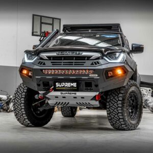 dmax bull bar, front bar, front bumper bar, supreme x-series front bar for Isuzu DMAX with light bar, cube lights, indicator, fog lights, bash plate, recovery points, winch compatible full bumper replacement