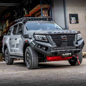 np300 bull bar, front bar, front bumper bar, supreme x-series front bar for Nissan Navara Pro4x with light bar, cube lights, indicator, fog lights, bash plate, recovery points, winch compatible full bumper replacement