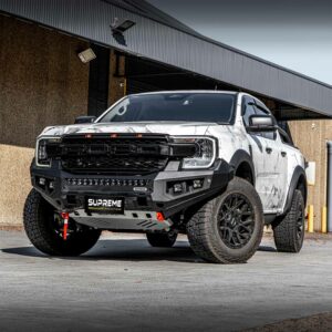 bull bar, front bar, front bumper bar, supreme x-series front bar for Ford Next GEN Ranger with light bar, cube lights, indicator, fog lights, bash plate, recovery points, winch compatible full bumper replacement