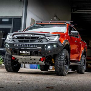 dmax bull bar, front bar, front bumper bar, supreme x-series front bar for Isuzu DMAX with light bar, cube lights, indicator, fog lights, bash plate, recovery points, winch compatible full bumper replacement