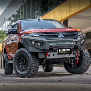 triton bull bar, front bar, front bumper bar, supreme x-series front bar for Mitsubishi Triton MR with light bar, cube lights, indicator, fog lights, bash plate, recovery points, winch compatible full bumper replacement with colour coded
