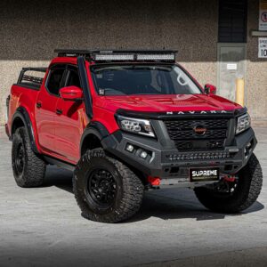 np300 bull bar, front bar, front bumper bar, supreme x-series front bar for Nissan Navara Pro4x with light bar, cube lights, indicator, fog lights, bash plate, recovery points, winch compatible full bumper replacement