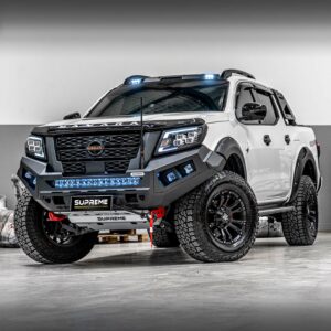 np300 bull bar, front bar, front bumper bar, supreme x-series front bar for Nissan Navara Pro4x with light bar, cube lights, indicator, fog lights, bash plate, recovery points, winch compatible full bumper replacement