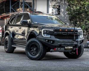 bull bar, front bar, front bumper bar, supreme x-series front bar for Ford Next GEN Everest with light bar, cube lights, indicator, fog lights, bash plate, recovery points, winch compatible full bumper replacement